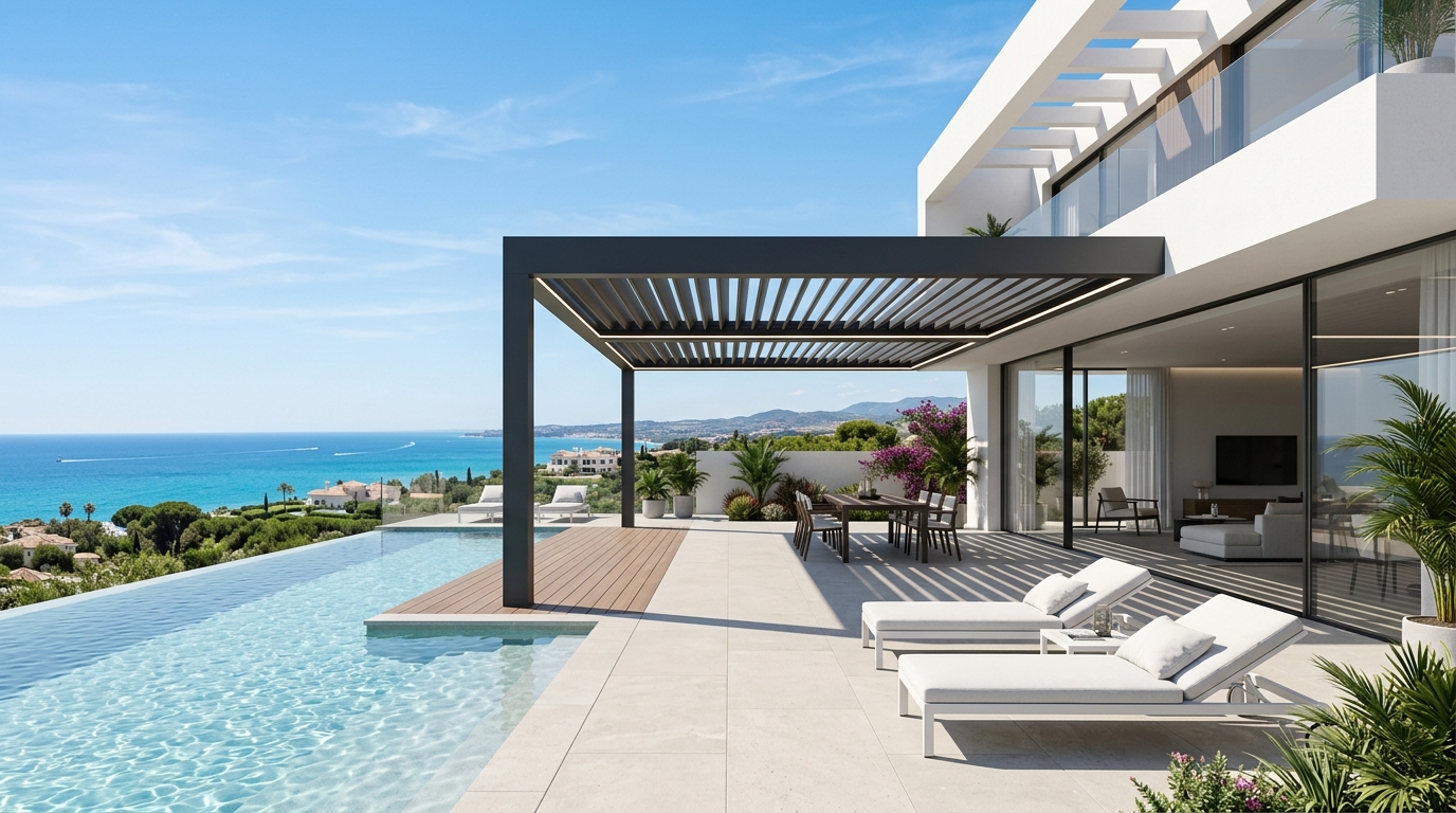 Pérgola bioclimática en villa de lujo en Sotogrande